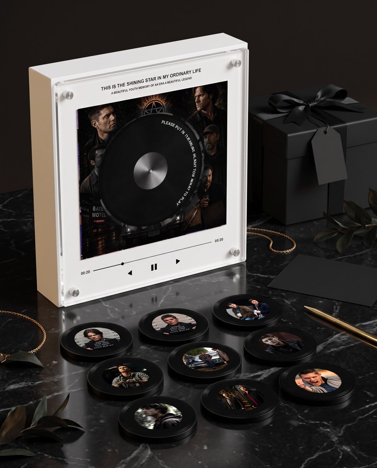 SPN Music Box gift set on black marble with 9 collectible discs